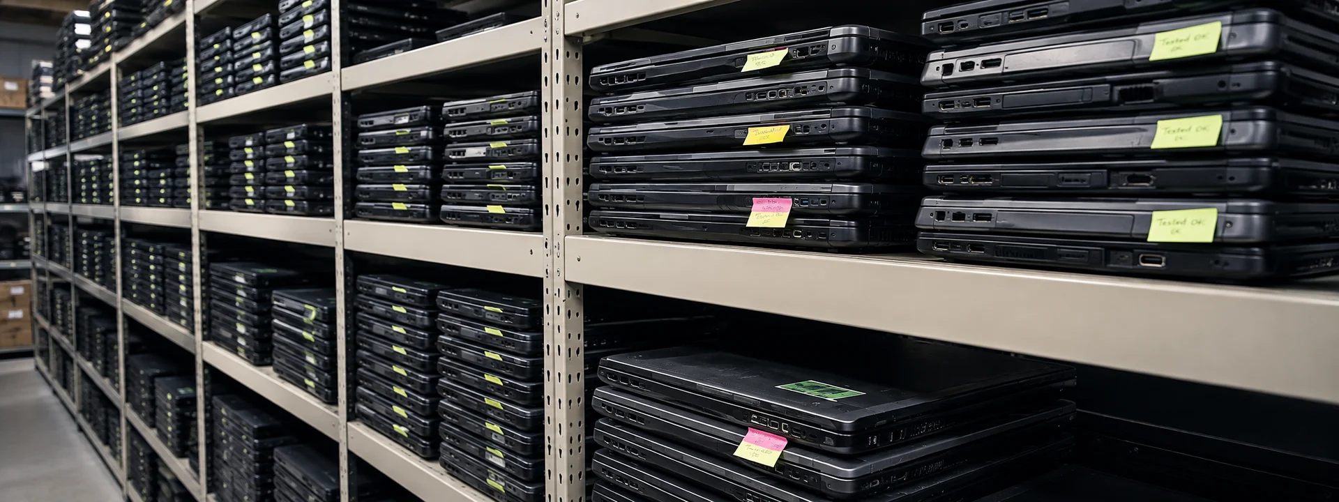 Rows of used laptops on warehouse shelving, each tagged with a testing status label, staged ahead of IT asset remarketing assessment
